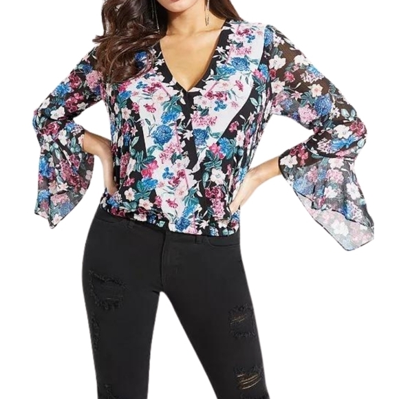 Guess Tops - Guess Wrap Style Boho Floral Blouse Top Statement Sleeves Spring Summer Sheer